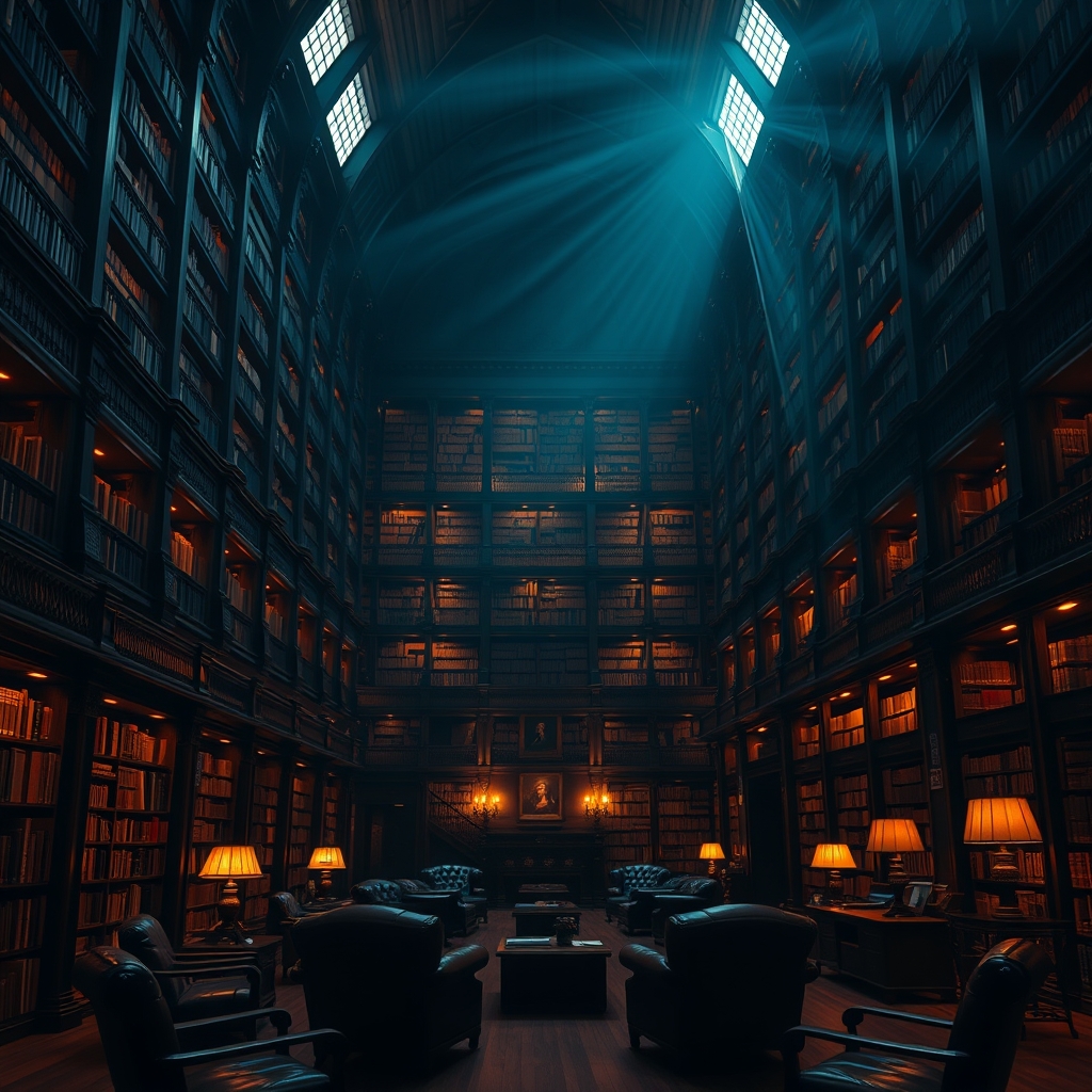 Grand old-world library interior with towering dark wood bookshelves