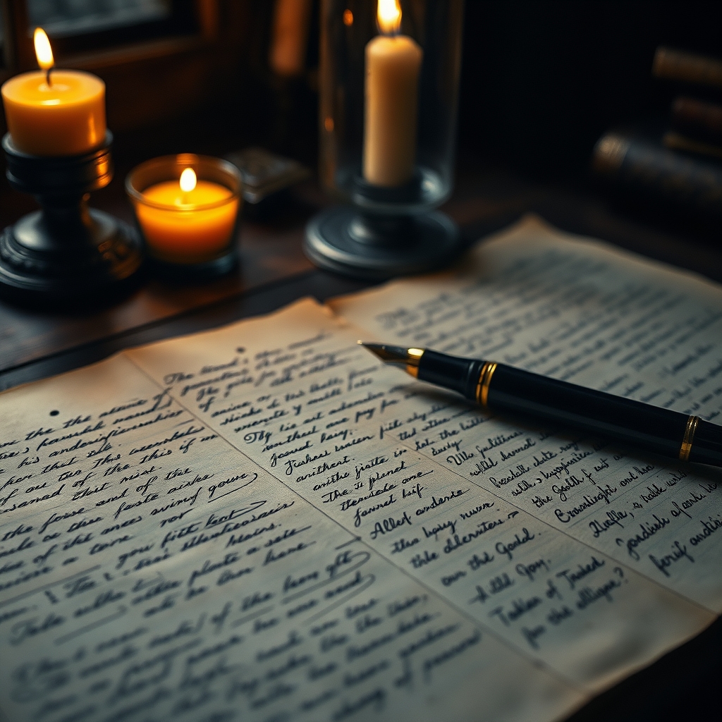 Aged manuscript pages on an antique writing desk with fountain pen