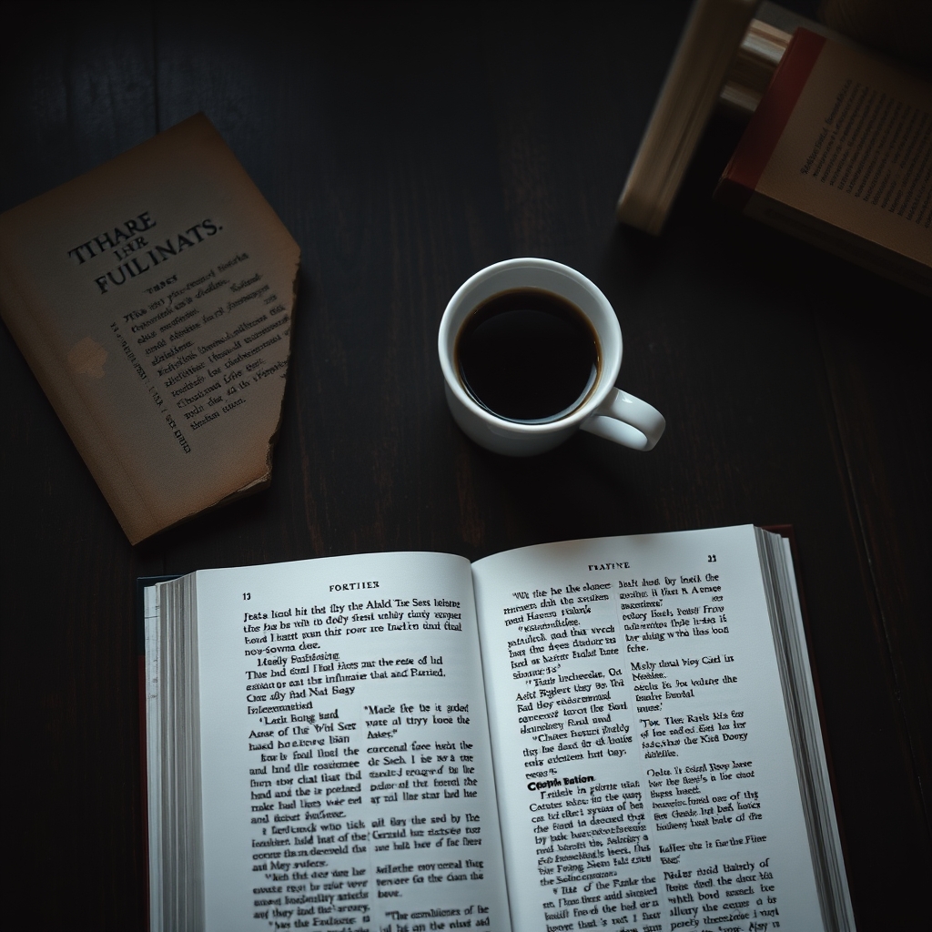 Open book on a dark wooden table next to a cup of coffee