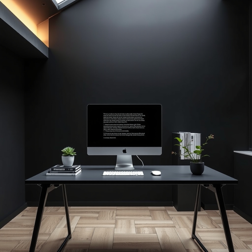 Modern minimalist creative workspace with stacked books